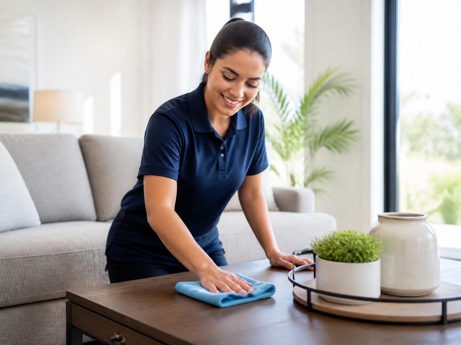 Professional cleaner wiping a coffee table in a bright modern Orlando living room